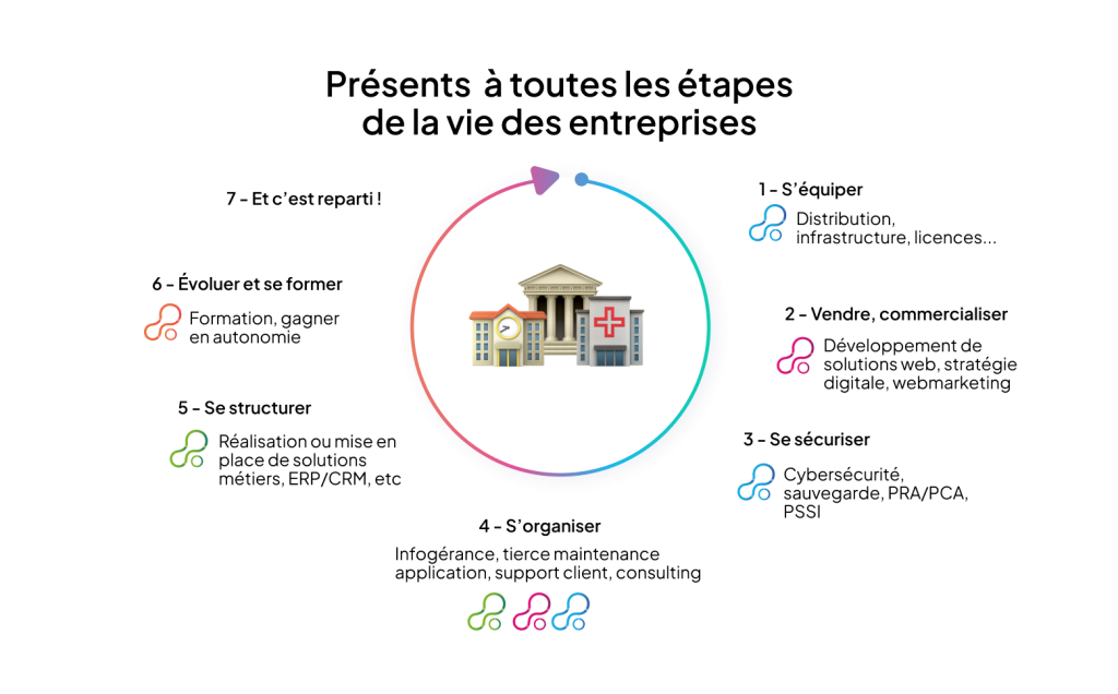 Schéma présentant l'aide qu'apportent les services d'AgoraVita à une entreprise type lors de son développement